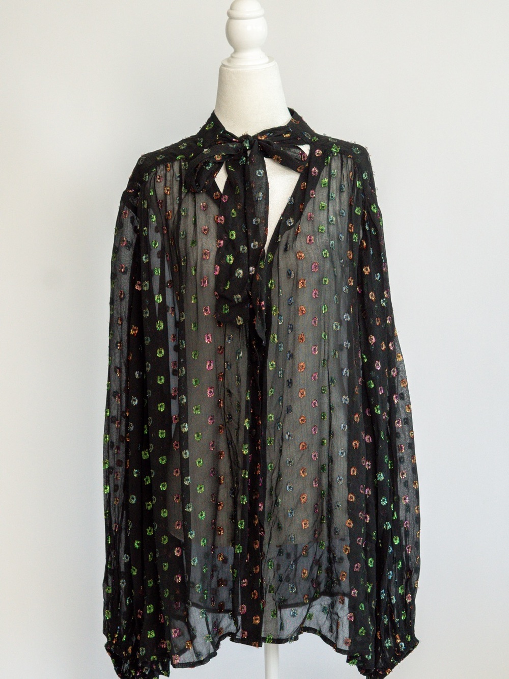 Never Fully Dressed Black Sheer Floral Tie-Neck Blouse